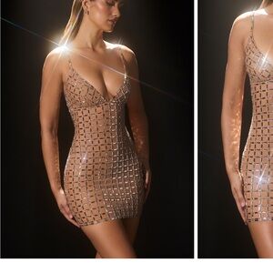 Cream embellished bodycon mini dress with plunge neckline for a night out